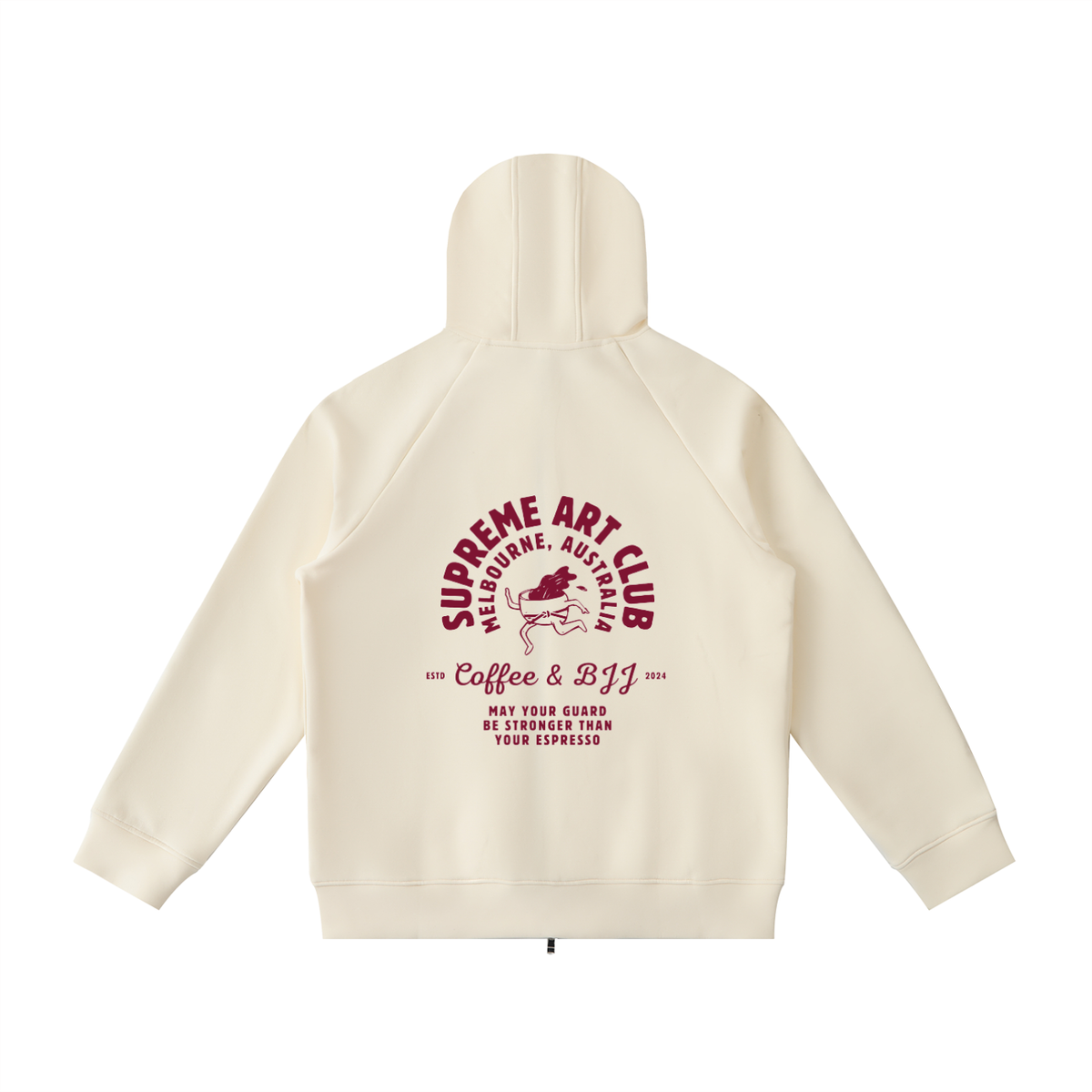 Coffee & Bjj Zip Up Hoodie Cream and Burgundy
